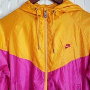 Nike Jacket Girls 12-13 Years Pink Yellow Colorblock Hooded Windbreaker Zip